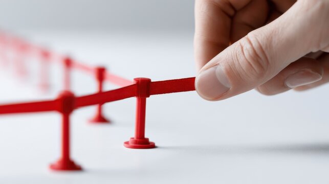 A hand connecting the last piece of a red line of fence-like barriers. A metaphor for connection and completion