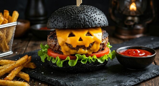 Halloween monster burger with melted cheese carved like a jack-o-lantern face served on dark slate board
