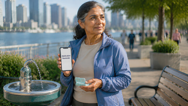Senior Woman Checks Medication Reminder During City Park Walk