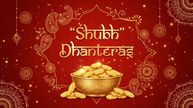 Shubh Dhanteras animated background, golden bowl with coins and mandala patterns motion graphic for Indian festival of wealth.
