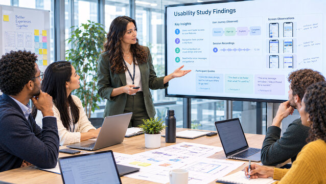 Female user research lead debriefing usability findings with team