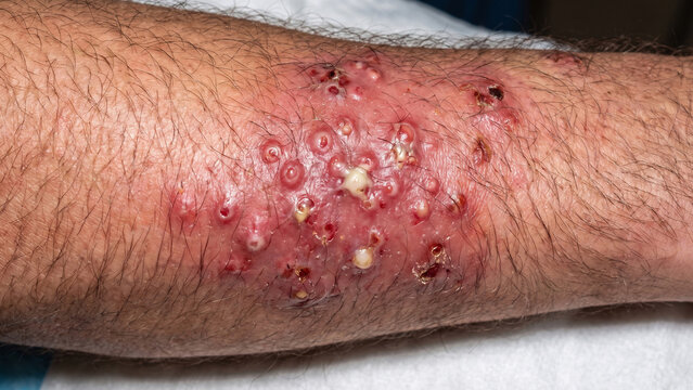 Ulcerated skin lesions with ruptured pustules and deep redness cover the hairy forearm of a patient diagnosed with monkeypox infection.