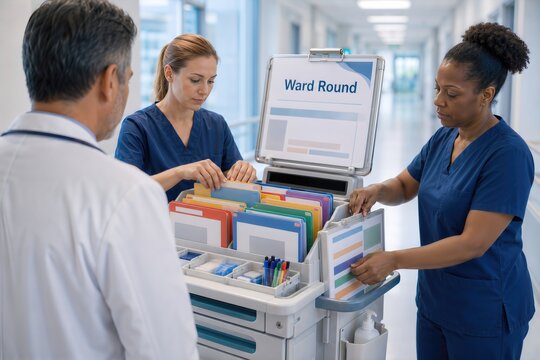 Medical Team Organizes Patient Files During Shift Handover in Hospital Scene 3