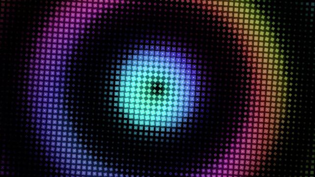 Retro halftone circle pattern with neon rainbow colors, glowing digital led screen texture, abstract psychedelic background for motion graphics