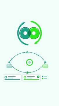 Vertical 9:16 animated data synchronization exchanging between devices in green and teal on a clean light background. Seamless looping 4K process flow motion graphics for reels, shorts and explainer v
