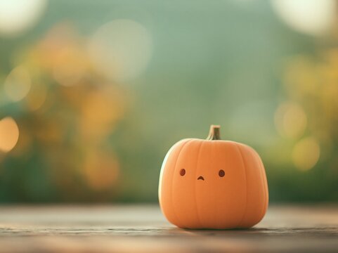 A close up photograph of a cute, slightly lopsided pumpkin carved with bashful features, including a tiny downturned mouth and half closed eyes.