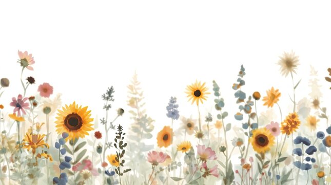 watercolor botanical illustration of a wildflower and sunflower