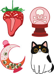 Fototapeta premium Spooky Kawaii Magic Elements Vector Set: Mystic Cat, Eyeball Potion, Skull Crystal Ball, and Monster Strawberry