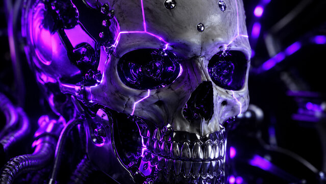 A cybernetic skull faces forward in a mechanical shell. Purple neon cracks, metal teeth, cables, and machinery fill the close-up. Cyber gothic Halloween concept for science fiction game art.