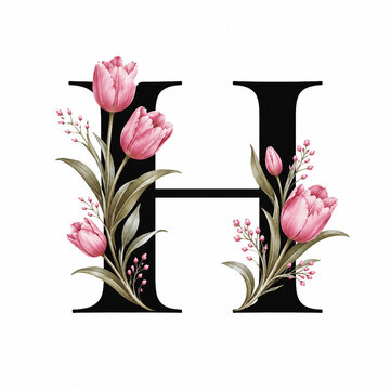 Refined black capital letter H decorated with delicate pink flowers and botanical greenery on a clean white background, ideal for floral monograms, initials and personalized designs.