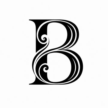 Elegant black capital letter B featuring intricate ornamental curves and vintage inspired decorative details, isolated on a clean white background for monograms and typography designs.