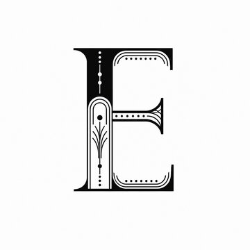 Refined black capital letter E with detailed ornamental decoration and vintage inspired line art, isolated on a clean white background for elegant typography, initials and monograms.