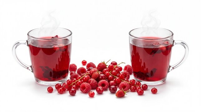 Steaming red fruit tea in transparent glass mugs surrounded by fresh berries on white background