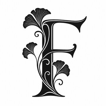 Stylized black capital letter F with intricate ornamental flourishes and elegant vintage inspired details, isolated on a clean white background for decorative typography and monogram designs.