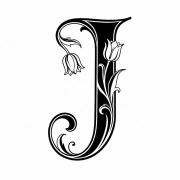 Elegant black capital letter J with graceful ornamental flourishes and intricate vintage inspired details, isolated on a clean white background for monogram and typography designs.