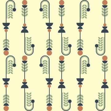Seamless pattern combining simplified botanical and geometric leaves, suitable for textile design, fabric, wallpaper, or packaging design