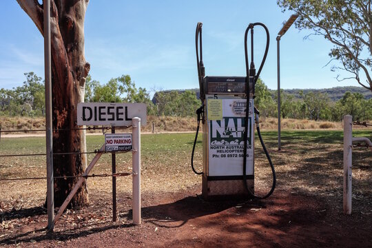 Victoria River, Northern Territory, Australia - September 7 2026: Old retro style diesel fuel pump and signage at remote rural Outback roadhouse service station. Big lap road trip. Travel, tourism