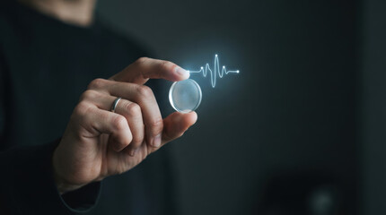 Obraz premium Healthcare innovation supports medical spending through glowing digital heart signal held by hand in dark clinical setting