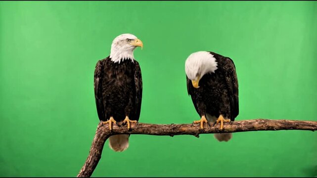 Close-up of two bald eagles against a green screen, predatory animals,  