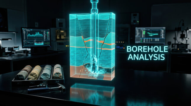Borehole analysis hologram guides geologist through layered rock samples and subsurface fracture mapping for precise mineral exploration research
