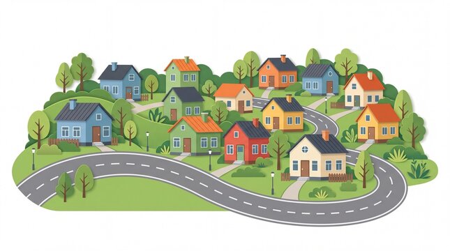 Colorful suburban neighborhood town city clipart with winding road