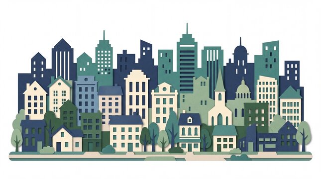 Modern papercut town city clipart with blue and green buildings