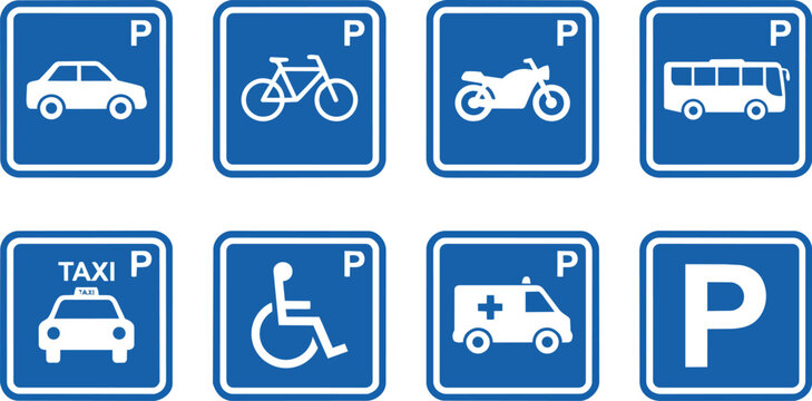 Blue parking sign collection vector illustration featuring various vehicle symbols on transparent background