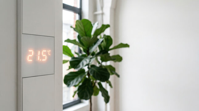 Home automation temperature display beside indoor plant in bright modern interior with calm minimalist style and energy efficient living
