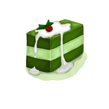 pandan layer cake with cherry watercolor isolated