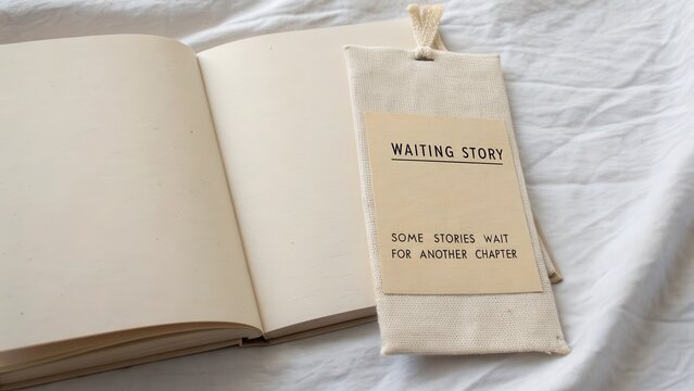 Open Blank Book with Fabric Tag Displaying 'Waiting Story' Text on Textured Surface