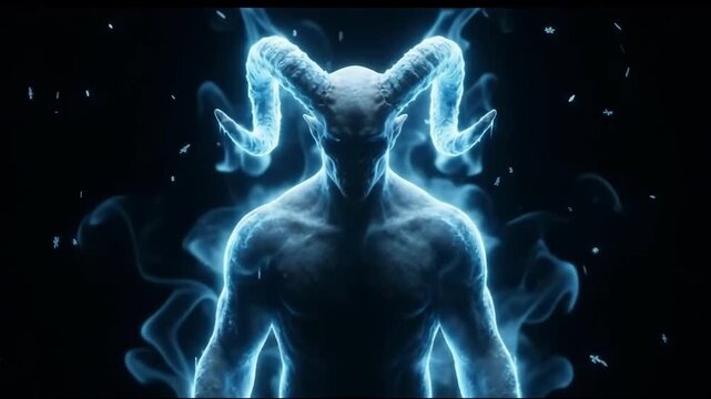 Menacing 4K Frost Demon Exhaling Frozen Vapor with Glowing Ice Horns Against a Dark Cinematic Background