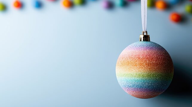A 3D render of a colorful bauble ornament with a sparkling texture, set against a light blue background. The design features a complementary color scheme, enhancing the festive Christmas theme.