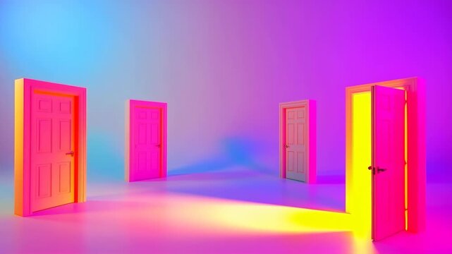 Colorful Surreal Pink Room With Four Open Doors, Abstract Interior Perspective and Vivid