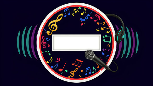 Podcast circular emblem with microphone headphones and text banner
