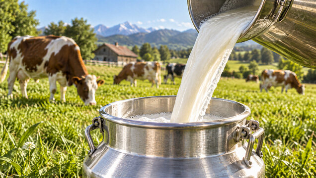 Alpenmilch: Frische Milch wird in Kanne gef&uuml;llt vor idyllischer Bergkulisse mit weidenden K&uuml;hen auf der Alm