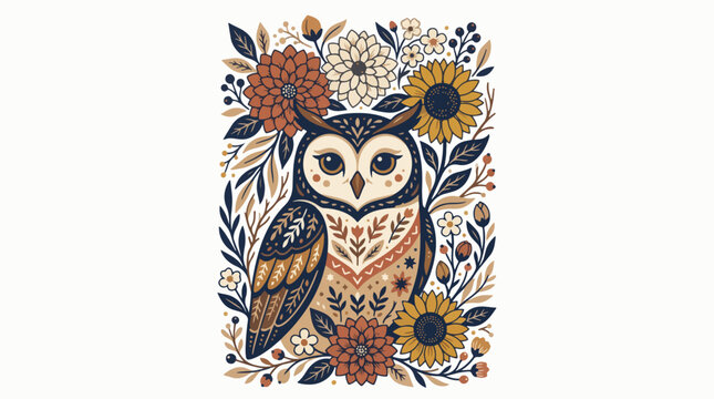 decorative illustration of an owl surrounded by dahlias, sunflowers, and wildflowers, using a flat vector botanical animal art style. Depict the owl facing forward with large eyes and calm expression