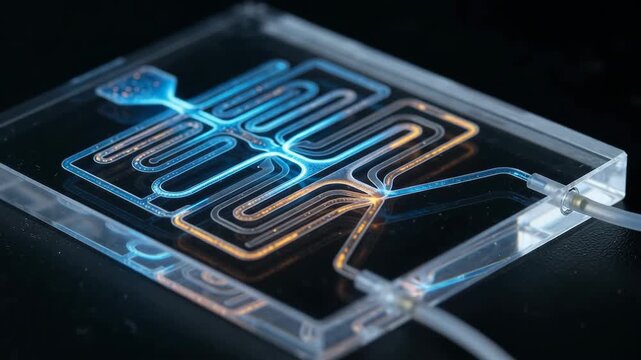 Electronic Microfluidic Chip Featuring Rare Earth and Copper Components, Glowing Circuit, Transparent Tubing, Intricate Channels, Futuristic Science