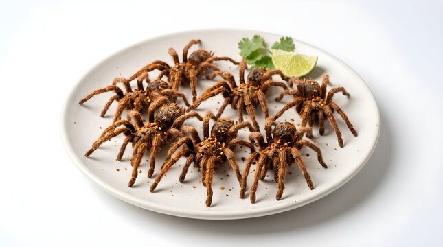 Crispy Fried Tarantulas Served on Plate with Lime Slice as Cambodian Exotic Snack