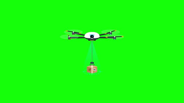 Dynamic drone delivery quadcopter flying with parcel box green screen