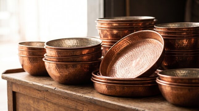 Hammered copper bowls at market, Handmade metal trays and vessels, Traditional artisan metalwork display, Warm copper craft collection, Textured handcrafted tableware