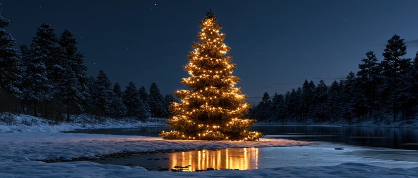Illuminated Outdoor Christmas Tree Reflected in Frozen Lake at Dusk in Snowy Pine Forest Wilderness