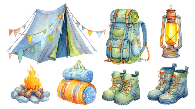 Watercolor camping gear set with tent backpack lantern and boots