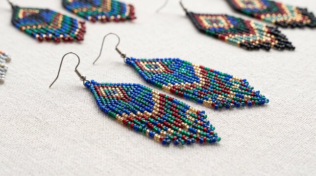 Seed bead earrings on woven textile, Colorful handmade jewelry close up, Traditional beaded accessory craft, Artisan earrings with fringe, Detailed market jewelry display