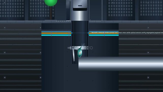 Animated diagram of a pneumatic subsurface waste transit system demonstrating automated underground garbage collection, showing waste traveling through vacuum conduits to a cyclone chamber