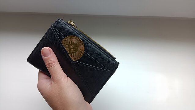 Hand holding black leather wallet with gold bitcoin crypto coin on clean light background with copy space, investment concept.