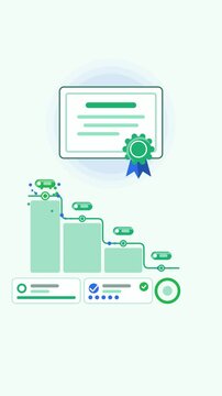 Vertical 9:16 animated certification process earning credential stages in green and teal on a clean light background. Seamless looping 4K process flow motion graphics for reels, shorts and explainer v