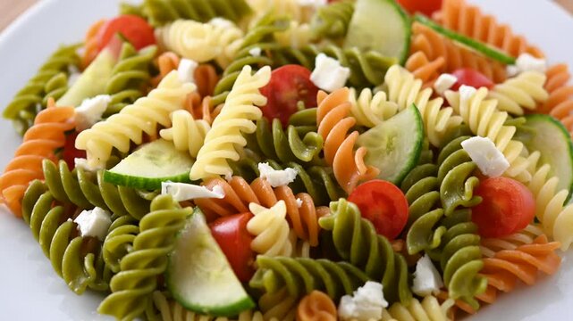 Colorful tricolor pasta salad served on a plate with fresh ingredients, ready to eat. Healthy homemade meal and Mediterranean food concept.
