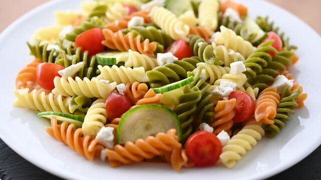 Colorful tricolor pasta salad rotating on a plate, showing the dish from different angles. Fresh homemade meal, healthy eating and Mediterranean food concept.