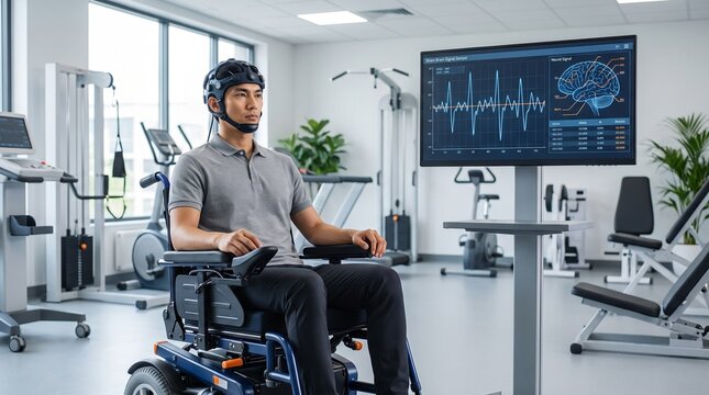 Human controlling a robotic wheelchair using a brain signal headset and advanced assistive mobility technology