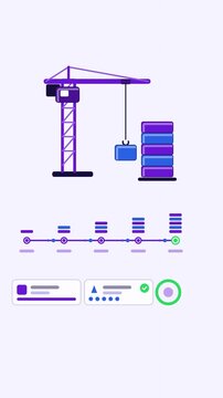 Vertical 9:16 animated construction project building through phases in violet and purple on a clean light background. Seamless looping 4K process flow motion graphics for reels, shorts and explainer v